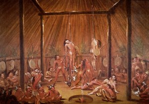 The O-Kee-Pa self-torture religious ceremony of the Mandan tribe, from a painting of c.1835