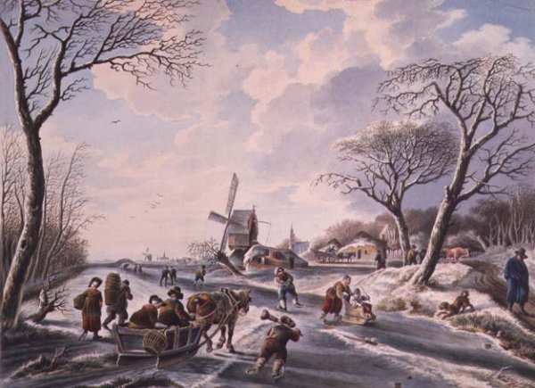 Dutch winter garden scene of windmill and skaters