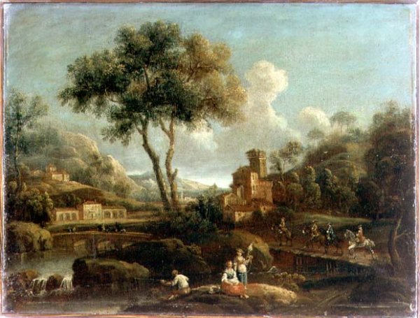 A wooded river landscape with travellers