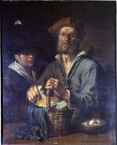 An Old Peasant and a Maid at a Table