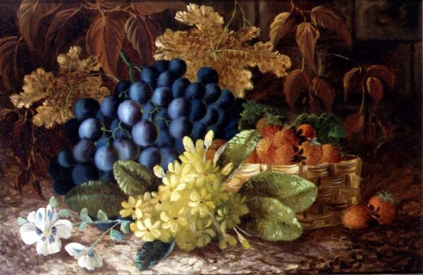 A still life of grapes and a basket of strawberries on a mossy bank