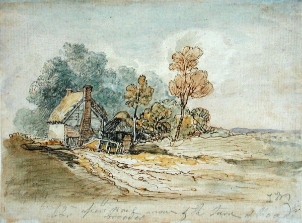 A Thatched Cottage and Trees at the Turn of a Country Road