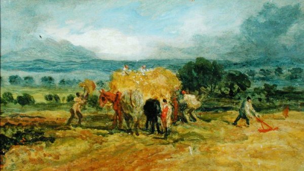 A Harvest Scene with Workers loading Hay on to a Farm Wagon