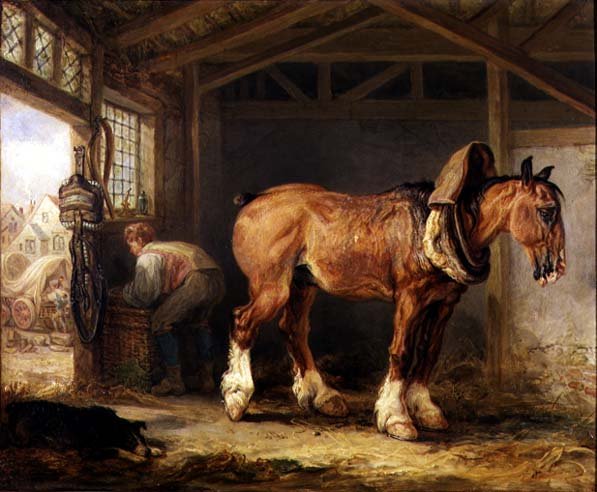 A groom with carthorse in a stable