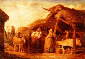 A farmer and his wife with cows, donkeys and animals by a barn in a farmyard