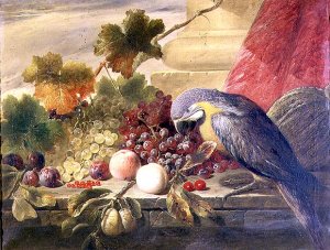 Still life of fruit and a parrot, 1855