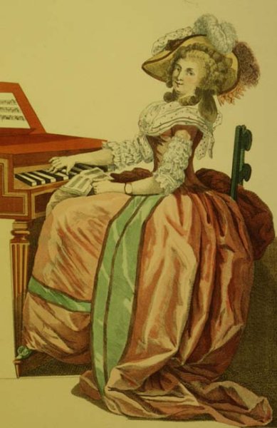 The Virtuosa in a Dress a lAnglaise with a Marlborough Border and a Half-Balloon Hat Seated at a Spinet, plate 197 from Galerie des Modes et Costumes Francais, engraved by Dupin, 1778