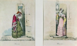 A woman entering and leaving an abortion clinic, engraved by Godefroy Engelmann (1788-1839)