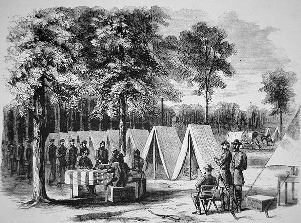 Pennsylvania soldiers voting at the Army of the James headquarters in September 1864, from Harpers Weekly, 29th October 1864