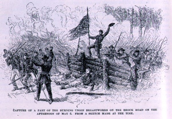 Capture of a part of the burning union breastworks on the Brock Road on the afternoon of May 6th, illustration from 'Battles and Leaders of the Civil War', edited by Robert Underwood Johnson and Clarence Clough Buel