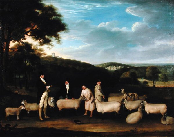 Portrait of Thomas William Coke, Esq. (1752-1842) inspecting some of his South Down sheep with Mr Walton and the Holkham shepherds