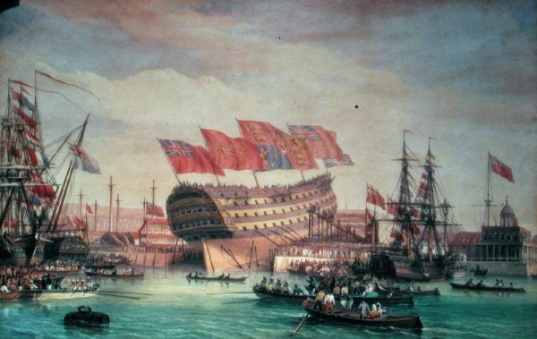 The Launching of HMS Trafalgar at Chatham, July 1820