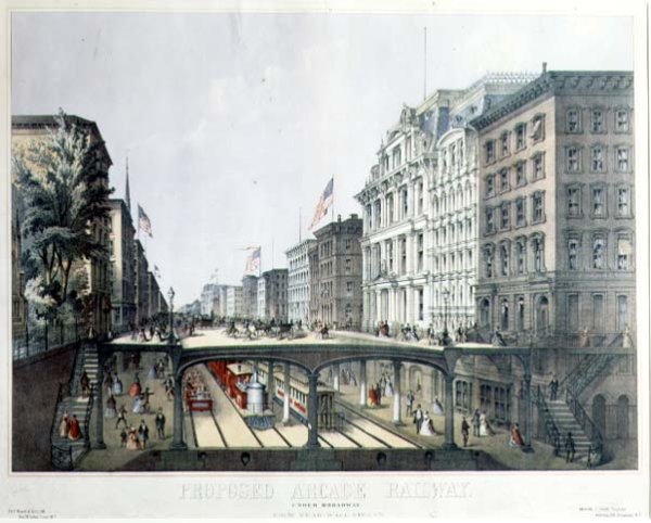 Proposed Arcade Railway, under Broadway, view near Wall Street, pub. by Ferd. Mayer and Sons, New York, 1869