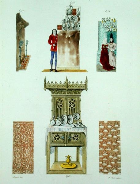 Fifteenth century furniture, from Monuments Francais, lithograph by Amedee Peree, 1839