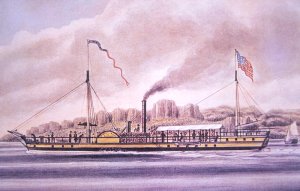 Robert Fulton's (1765-1815) steamboat the Clermont, on the Hudson River, New York, 1861