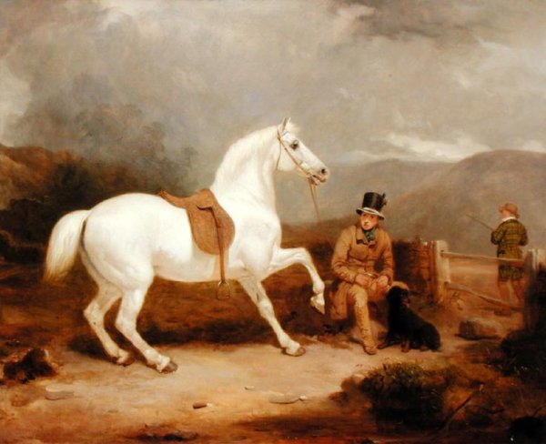 Mr. Johnstone King's Grey Shooting Pony Waiting with a Groom on a Scottish Moor, 1835