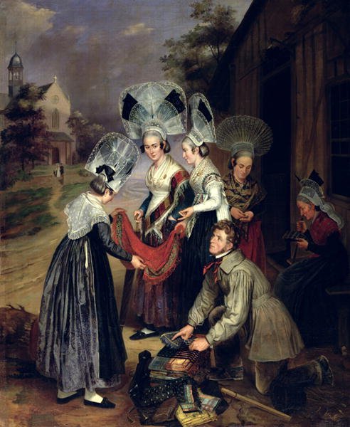 A Peddler Selling Scarves to Women from Troyes