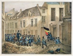 The Rue de Louvain, Brussels, 23rd September 1830, engraved by A.M. Jobard (fl.1820-30)