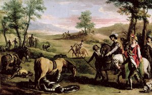 Don Quixote falls from his horse in front of the Dukes