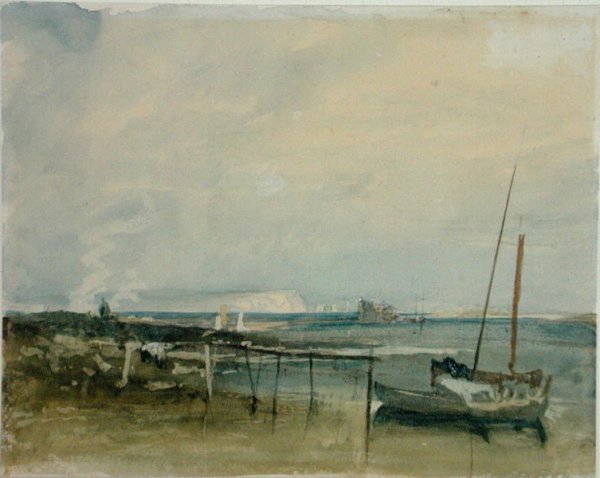 Coast Scene with White Cliffs and Boats on Shore