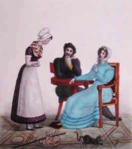 And above all else, be good, caricature of a couple talking to their maid before she leaves, c.1820-30