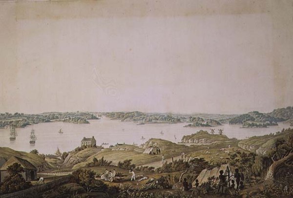 Part of the harbour of Port Jackson and the country between Sydney and the Blue Mountains, New South Wales, right section of a panoramic view, c.1821