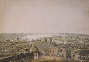 The Entrance of Port Jackson, and part of the town of Sydney in New South Wales, left section of panoramic view, c.1821