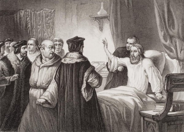 John Wycliffe c.1330-84 on his sickbed assailed by the friars at Oxford, 1378, from Illustrations of English and Scottish History Volume I