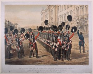 Parade of the Scots Fusilier Guards at Buckingham Palace on the morning of their departure for the Seat of War, March 2nd 1854, engraved by E. Walker, published by Colnaghi and Co., 1854