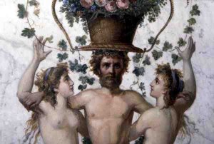 Male figure supporting a basket of flowers with nymphs, detail of pilaster decoration, c.1870s, repainted by art students in 1945