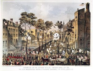 Departure of the 69th Regiment, N.Y.S.M., April 23rd 1861, the Irish Headquarters around St. Patricks Cathedral, corner of Prince and Mott Street, New York