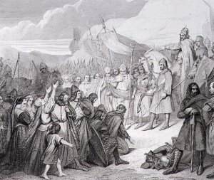 Charlemagne receives the Surrender of Witikind sic at Paderborn in 785, engraved by Joubert