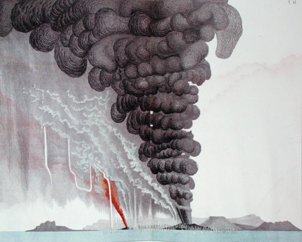 The eruption of the Santorini volcano, illustration from Etudes sur les Volcans by the artist, engraved by Druck and Arnold, 1881