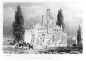 Monastery of Arkadhi, Crete, from Travels in Crete by Pashley, engraved by Louis Haghe 1806-85 1837