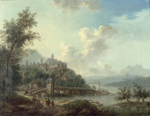 A Rhineland View with a Bridge and Figures in the foreground and a Fortified Town on a Hill beyond