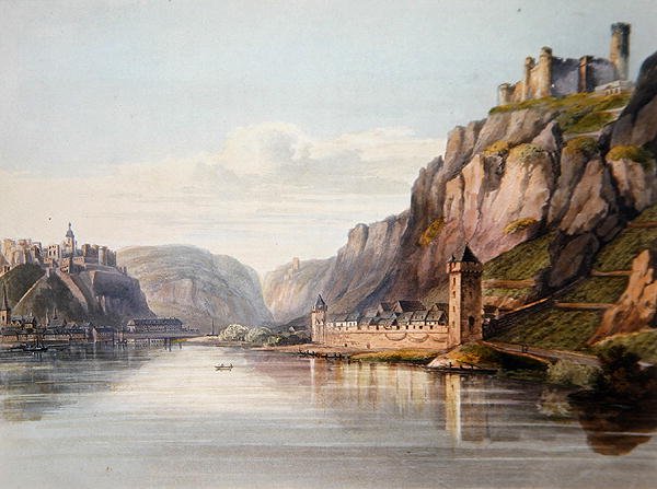 St. Goarshausen, St. Goar and Rheinfels, engraved by T. Sutherland, from A Picturesque Tour along the Rhine, from Mentz to Cologne, published by R. Ackermann, London, 1819