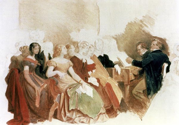 Study for An Evening at Baron von Spaun's: Schubert at the piano among his friends, including the operatic baritone Heinrich Vogl 1845-1900