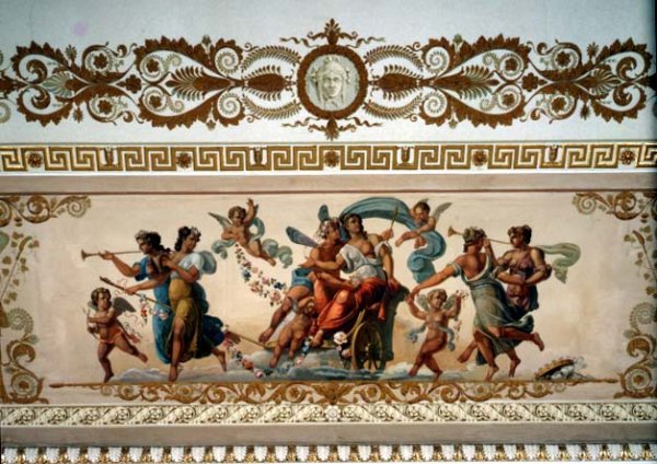 Triumphant goddess drawn in a chariot, detail of the ornamental border of the ceiling in the Raspberry Drawing Room