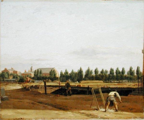 Excavating the Regents Canal, with a view of Marylebone Chapel, c.1812