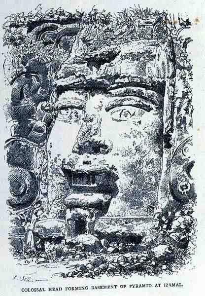 Colossal Head Forming Base of Pyramid at Izamal, from The Ancient Cities of the New World, by Claude-Joseph-Desire Charnay, pub. 1887