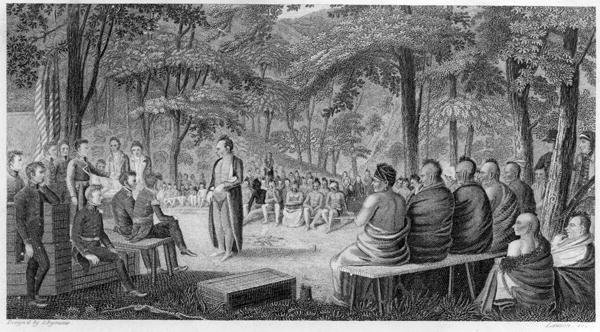 Major Long Holding a Council with the Oto Missouri Indians, engraved by Lawson, 1819