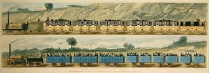 Travelling on the Liverpool and Manchester Railway A Train of the First Class of Carriages with the Mail, and A Train of the Second Class for Outside Passengers, engraved by S.G. Hughes, 1831