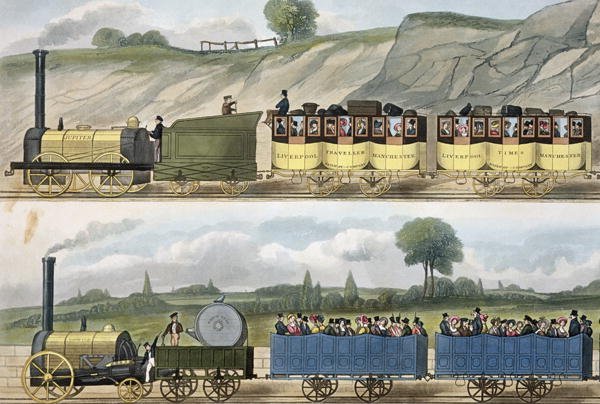 A Train of the First Class top and a Train of the Second Class bottom from Coloured View of the Liverpool - Manchester Railway, engraved by S.G. Hughes, published by Ackermann & Co., London, 1832-33