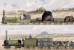 A Train of Wagons top and a Train of Cattle, Sheep and Pigs bottom from Coloured View of the Liverpool - Manchester Railway, engraved by S.G. Hughes, published by Ackermann  Co., London, 1832-33