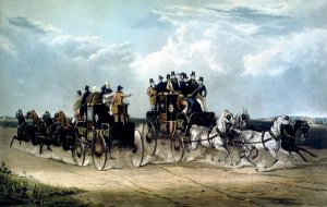 The Brighton Day Mails passing over Hockward Common, engraved by Charles Hunt, 1838