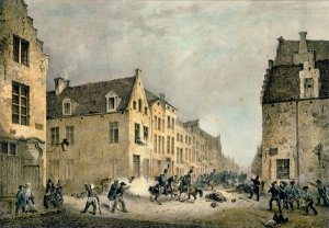 The Cafe Amitie and the Old Hotel du Prince Frederic, Brussels, after the Fighting of 23rd-26th September 1830, engraved by Jean Baptiste Madou 1796-1877