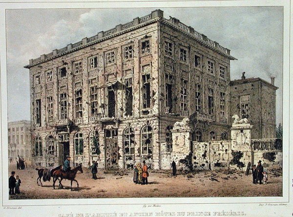 The Cafe Amitie and the Old Hotel du Prince Frederic, Brussels, after the Fighting of 23rd-26th September 1830, engraved by Jean Baptiste Madou 1796-1877