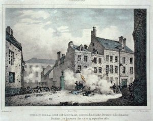 The Cafe Amitie and the Old Hotel du Prince Frederic, Brussels, after the Fighting of 23rd-26th September 1830, engraved by Jean Baptiste Madou 1796-1877