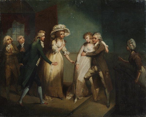 Camilla fainting in the arms of her father, illustration of a scene from Camilla, or A Picture of Youth, published in 1796