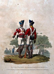 Native Troops, East India Companys Service, A Sergeant and a Private Grenadier Sepoy of the Bengal Army, from Costumes of the Army of the British Empire, according to the last regulations 1812, published by Colnaghi and Co. 1812-15